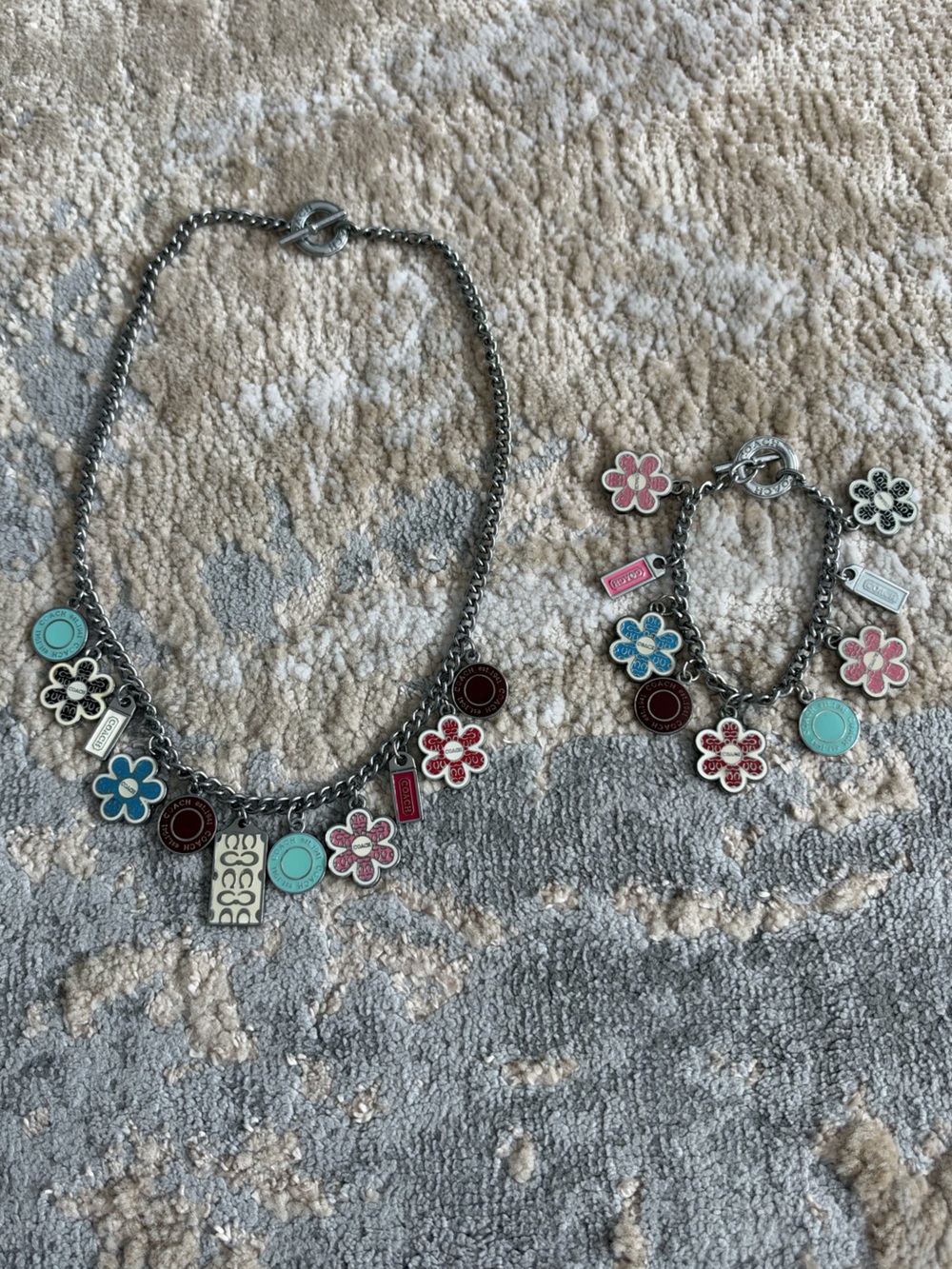 Coach Silver Chain Charm Necklace with Pink & Turquoise Flower Charms - Picture 5 of 6